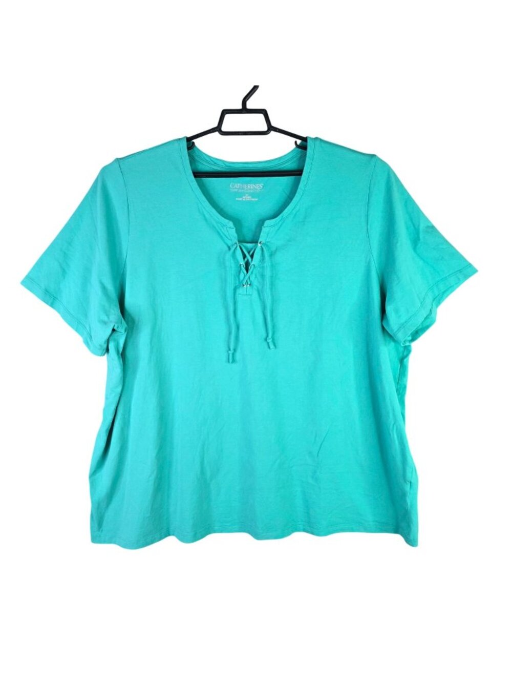 Womens Catherines Suprema Turquoise Lace-Up Cotton Blend Top Short Sleeve 2X